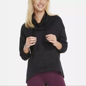 Fabletics Womens Europa Pullover Sweatshirt Sz M Black Cowl Neck Zip Pockets